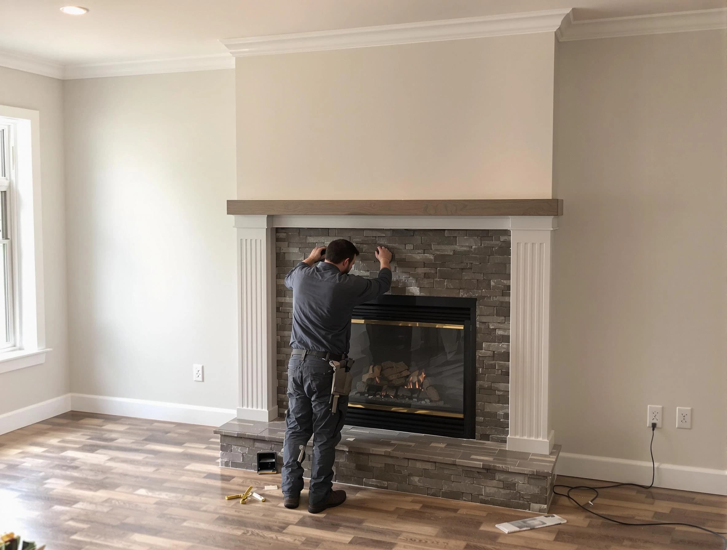 East Providence Chimney Sweep finishing a custom fireplace install in East Providence, RI