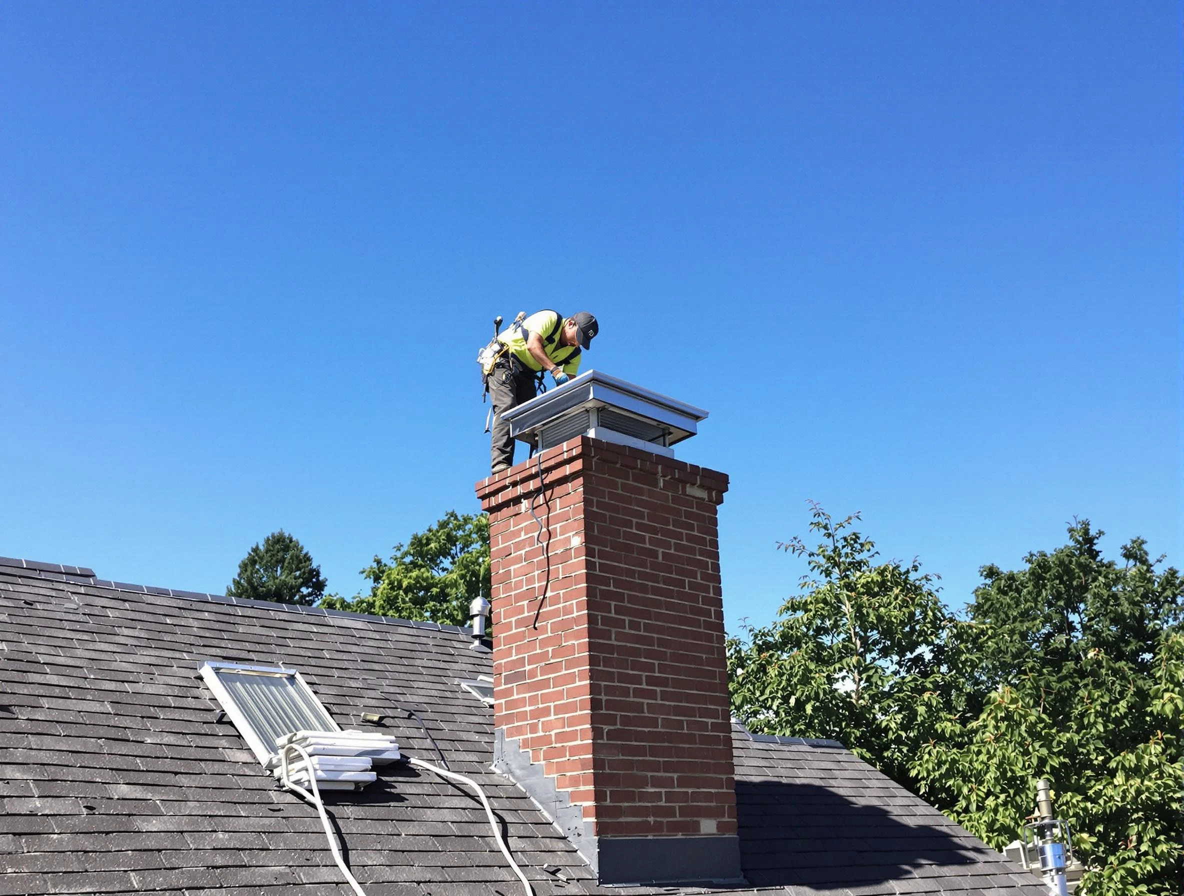 East Providence Chimney Sweep technician measuring a chimney cap in East Providence, RI