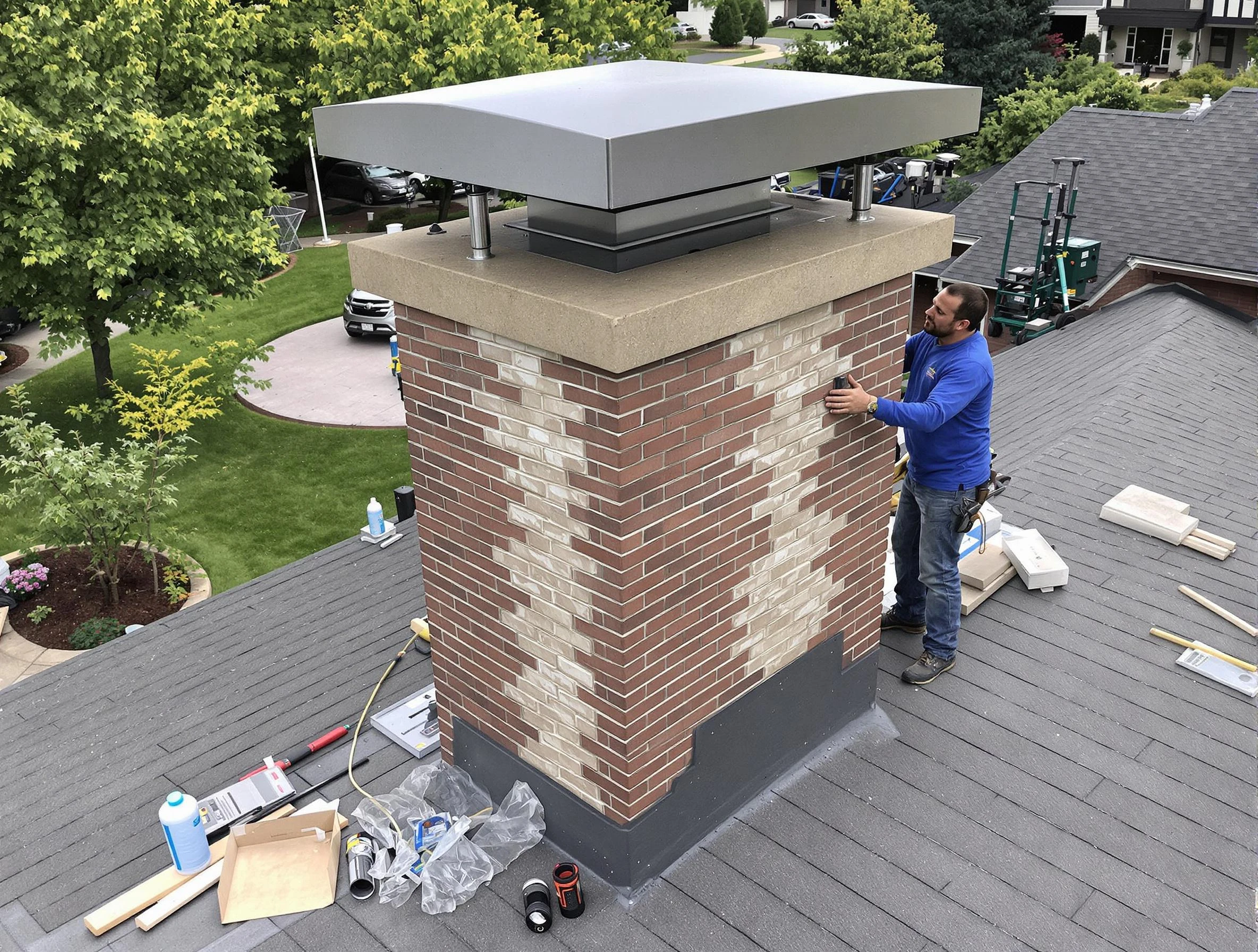East Providence Chimney Sweep team working on a custom chimney remodel in East Providence, RI